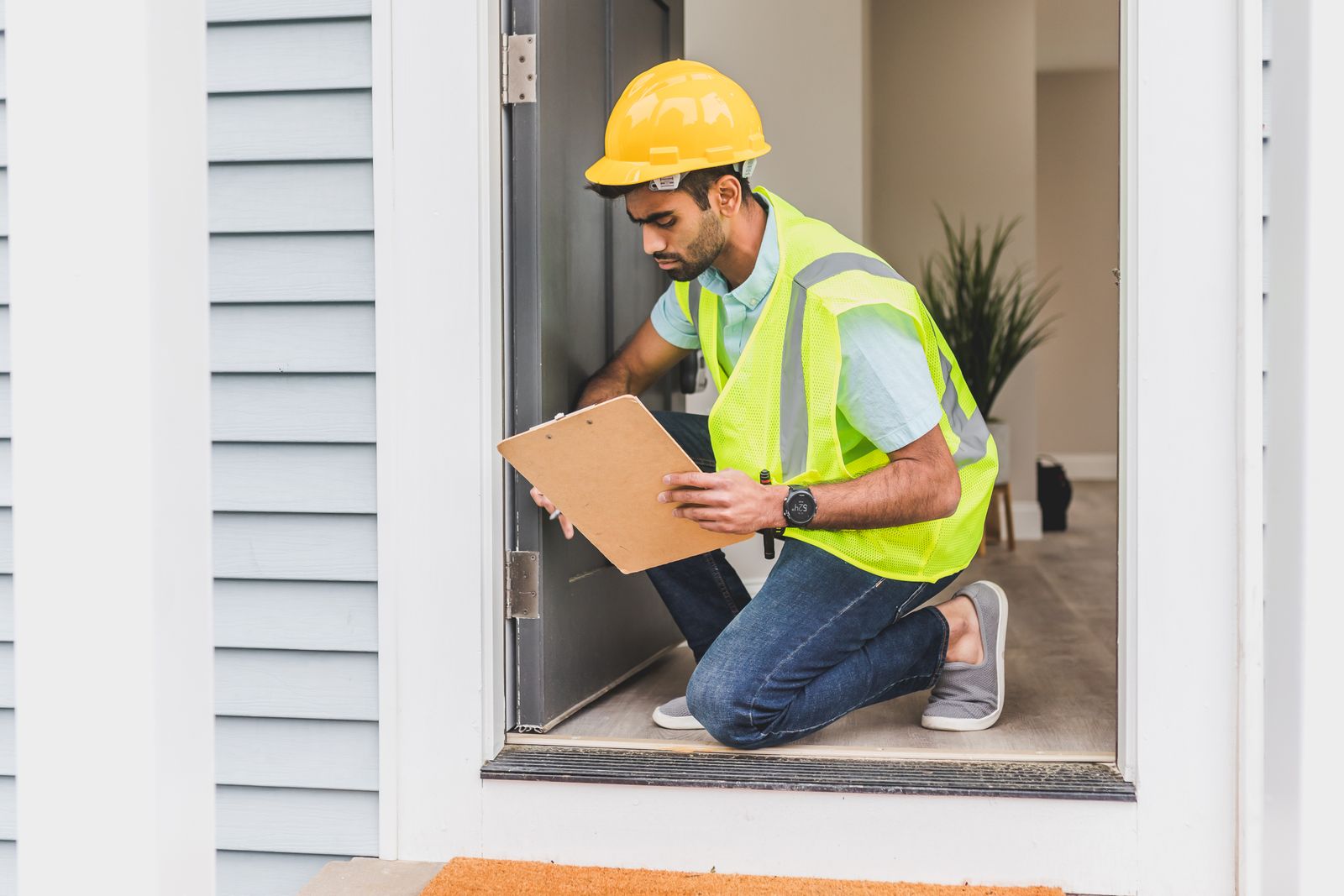Inspector in a yellow hard hat and safety vest kneeling in a residential doorway, writing notes on a clipboard